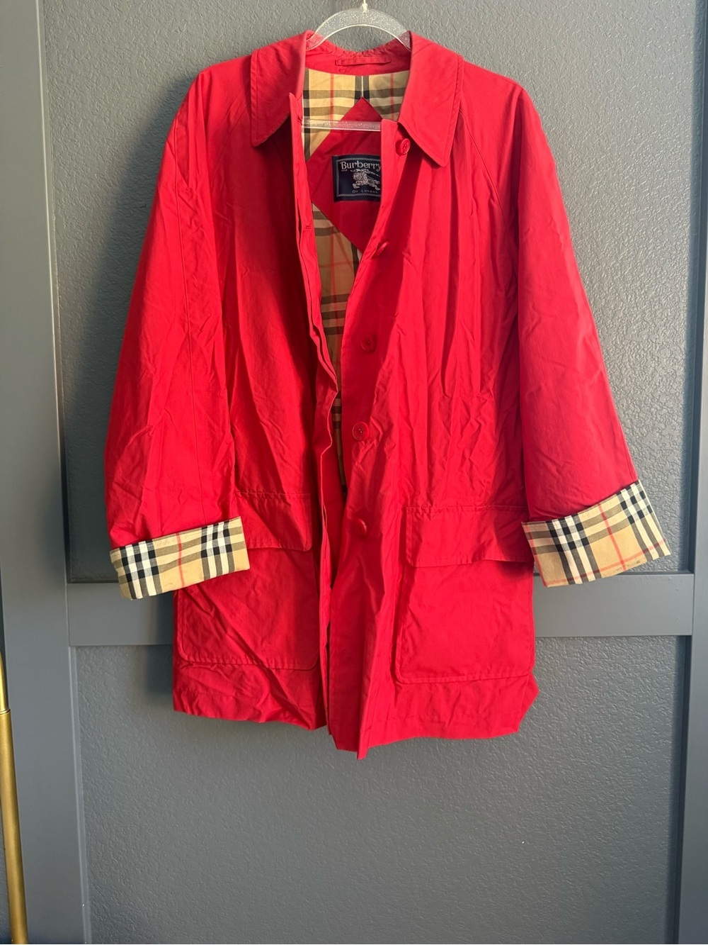 BURBERRY • vintage Red Coat with Classic nova Check Lining - Large